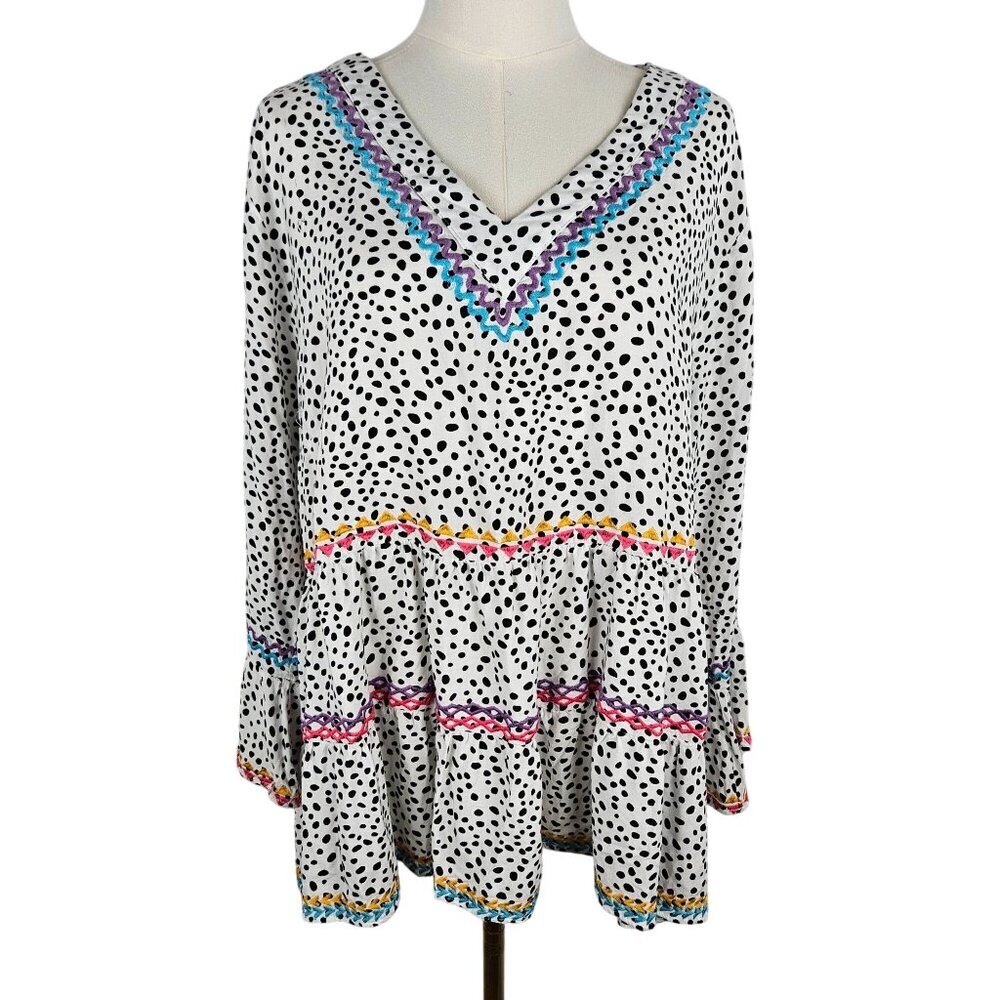 Savanna Jane Top 1X Dalmatian Print Embroidered Babydoll Long Sleeve V Neck